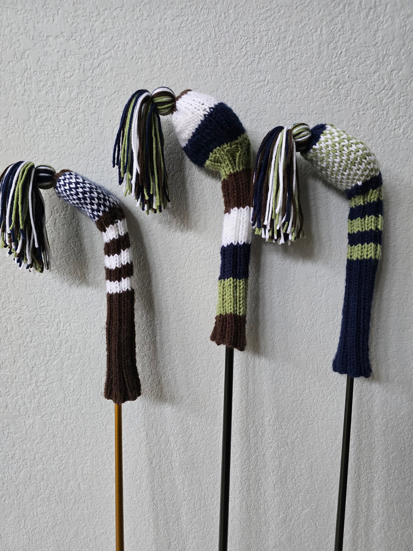 Hand Knit Golf Club Head Covers Retro-Vintage Navy, Green, White & Brown Custom for Mark