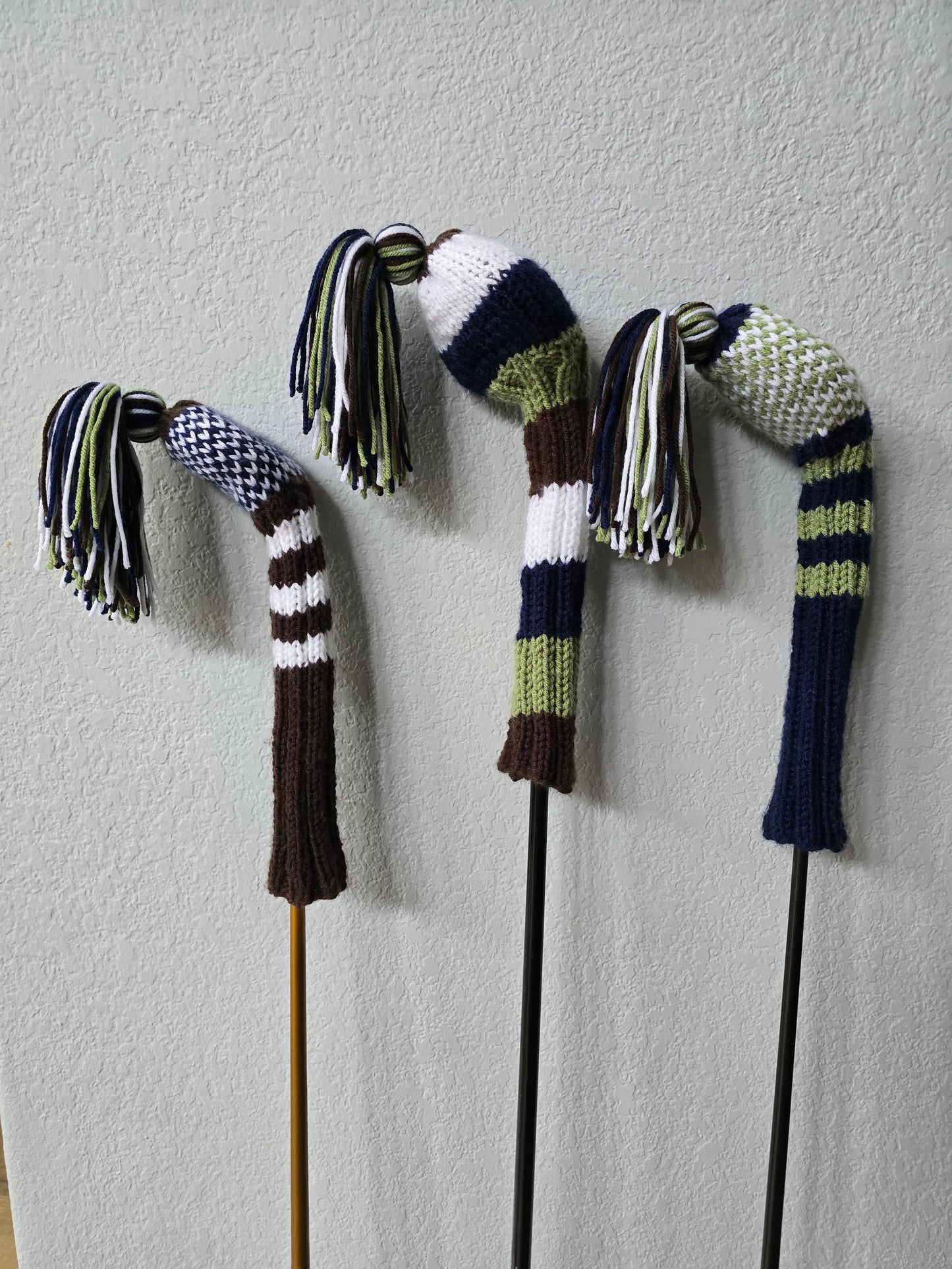 Hand Knit Golf Club Head Covers Retro-Vintage Navy, Green, White & Brown Custom for Mark