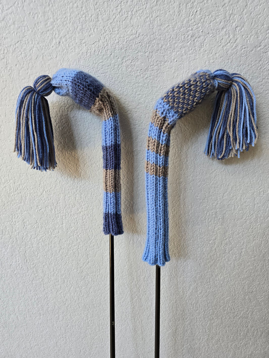 Hand Knit Golf Club Head Covers Retro-Vintage Black, Vlue & Gray with Tassels for Fairway Woods