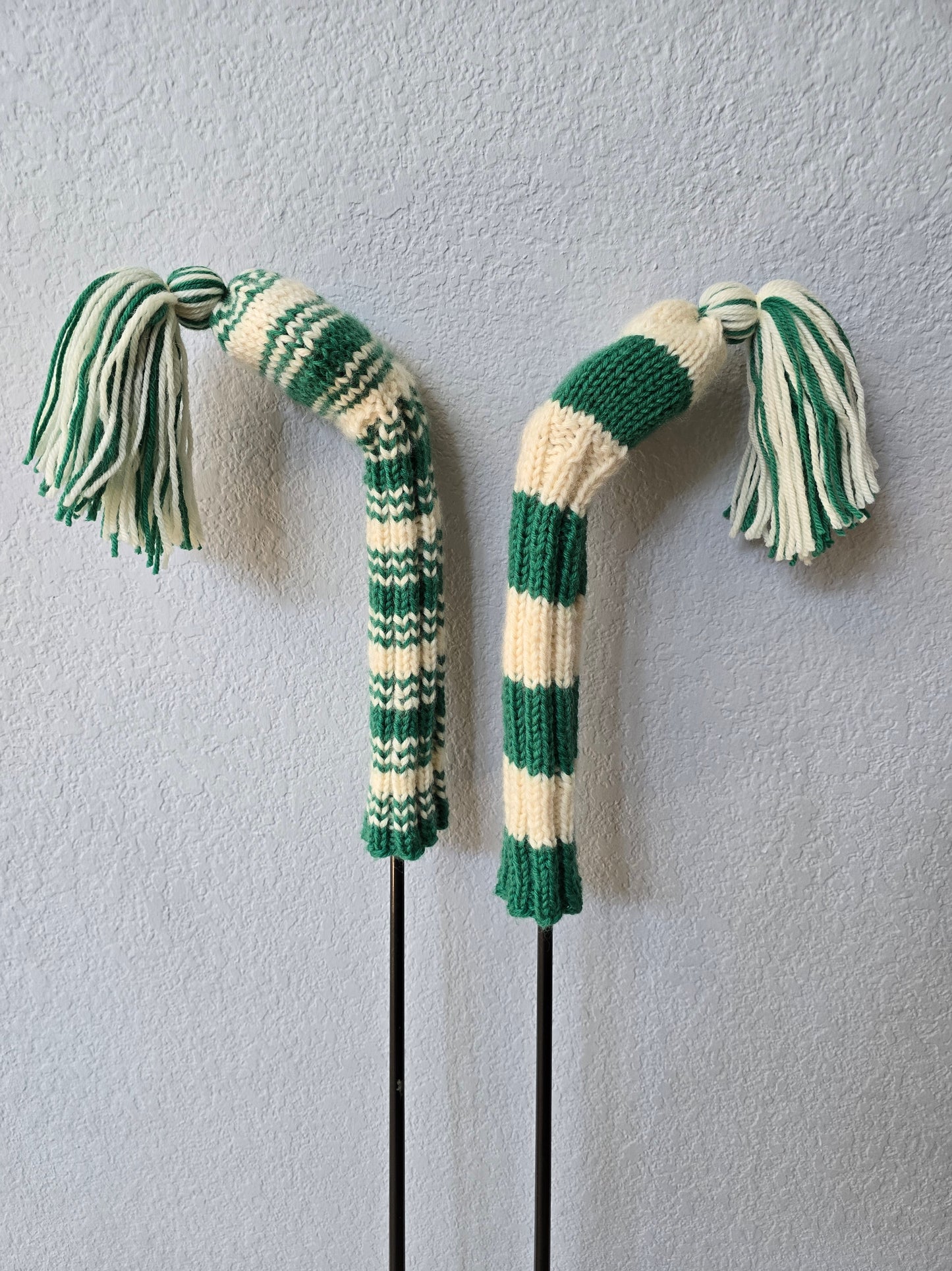 Two 100% Wool Hand Knit Golf Club Head Cover Retro-Vintage Green & Ivory with Tassel for Hybrids