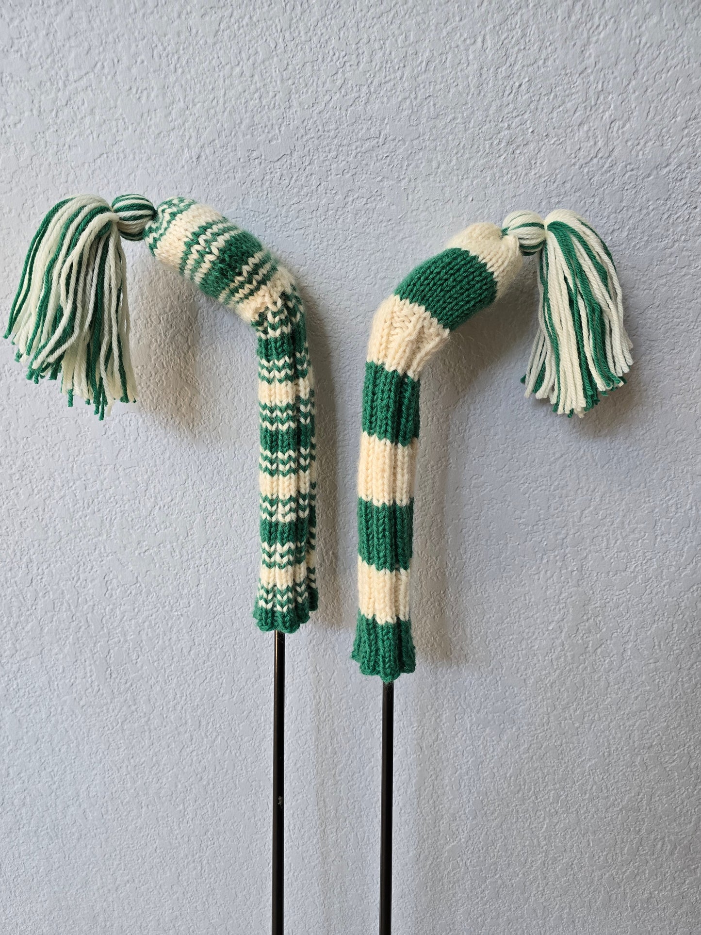 Two 100% Wool Hand Knit Golf Club Head Cover Retro-Vintage Green & Ivory with Tassel for Hybrids