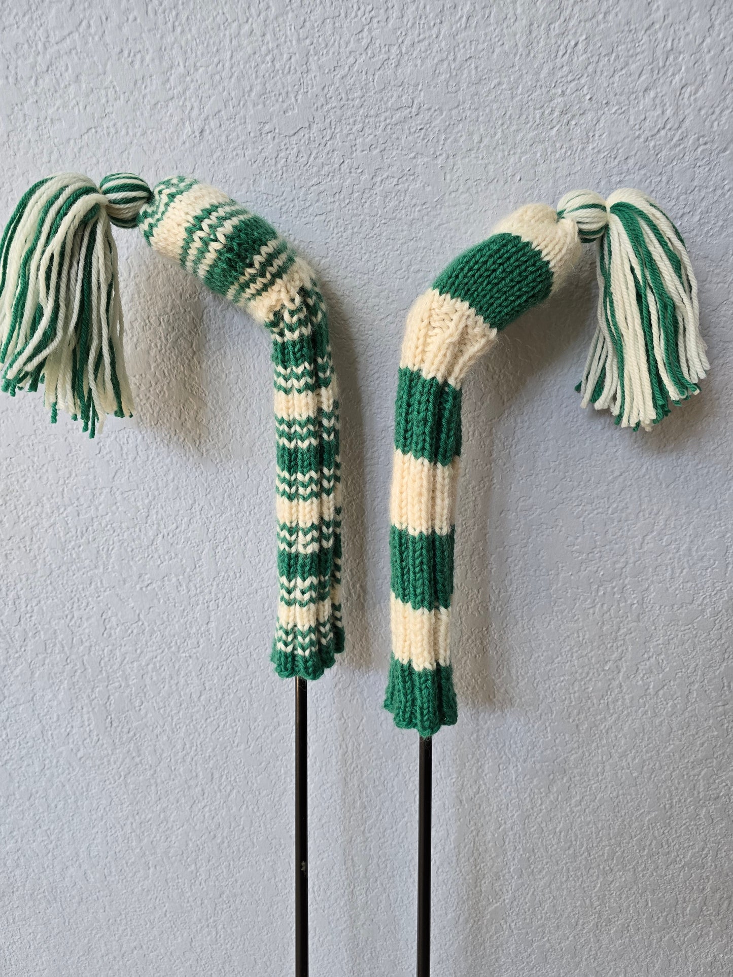 Two 100% Wool Hand Knit Golf Club Head Cover Retro-Vintage Green & Ivory with Tassel for Hybrids