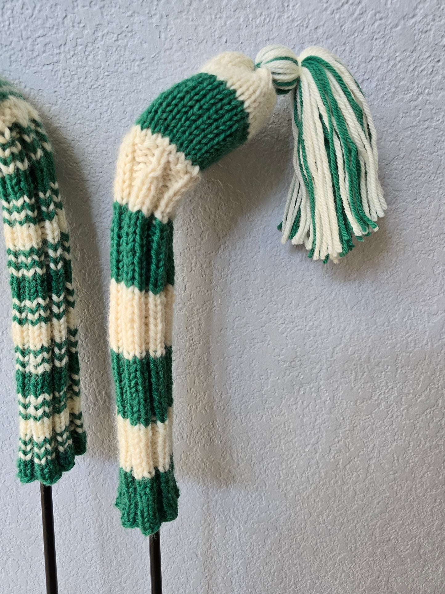 Two 100% Wool Hand Knit Golf Club Head Cover Retro-Vintage Green & Ivory with Tassel for Hybrids