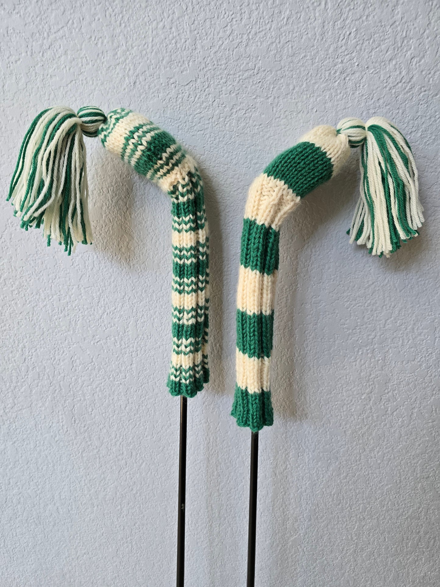 Two 100% Wool Hand Knit Golf Club Head Cover Retro-Vintage Green & Ivory with Tassel for Hybrids