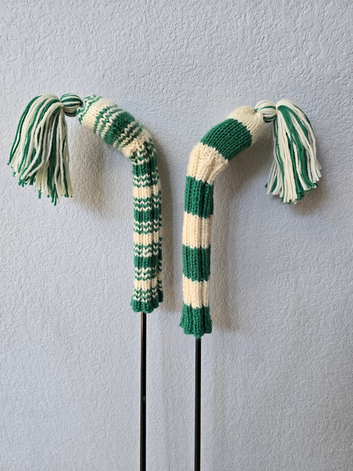 Two 100% Wool Hand Knit Golf Club Head Cover Retro-Vintage Green & Ivory with Tassel for Hybrids