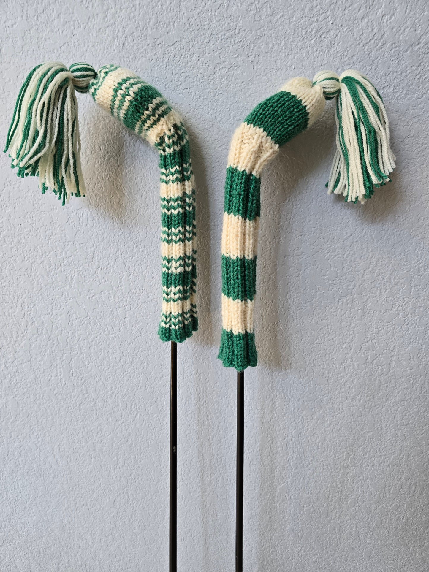 Two 100% Wool Hand Knit Golf Club Head Cover Retro-Vintage Green & Ivory with Tassel for Hybrids