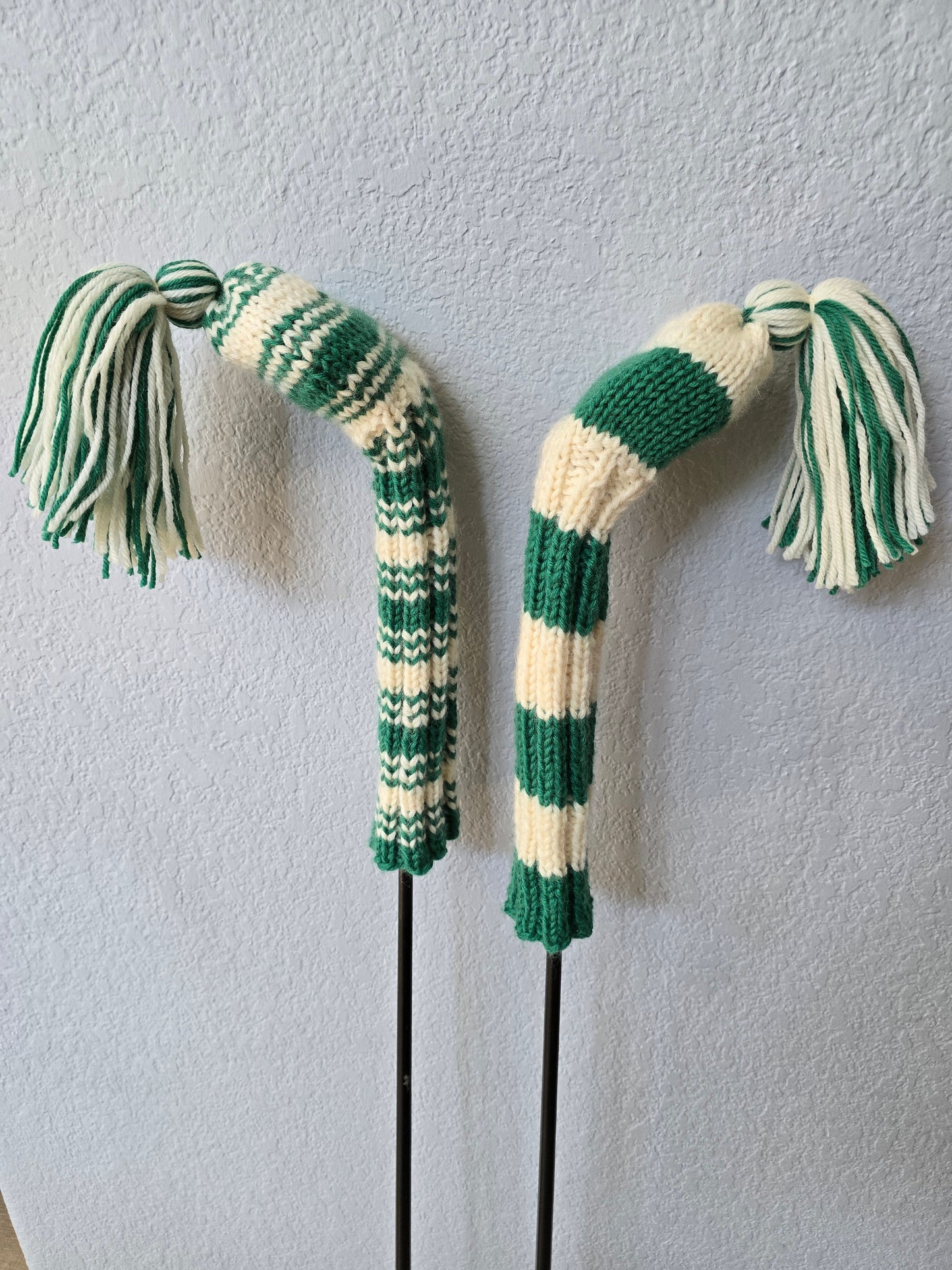 Two 100% Wool Hand Knit Golf Club Head Cover Retro-Vintage Green & Ivory with Tassel for Hybrids