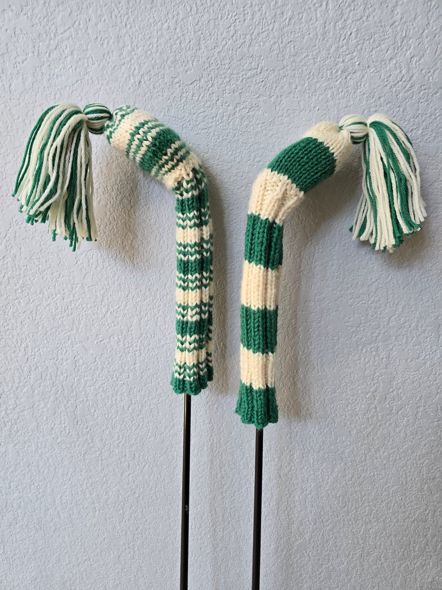 Two 100% Wool Hand Knit Golf Club Head Cover Retro-Vintage Green & Ivory with Tassel for Hybrids