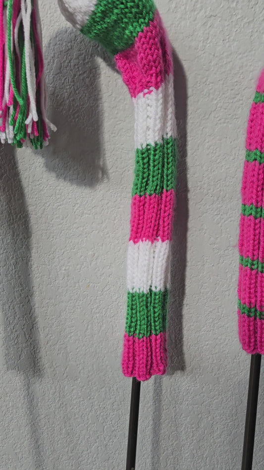 Golf Club Head Covers Retro-Vintage Pink, Green & White with Tassels for Drivers, Woods Hand Knit Golf Accessory