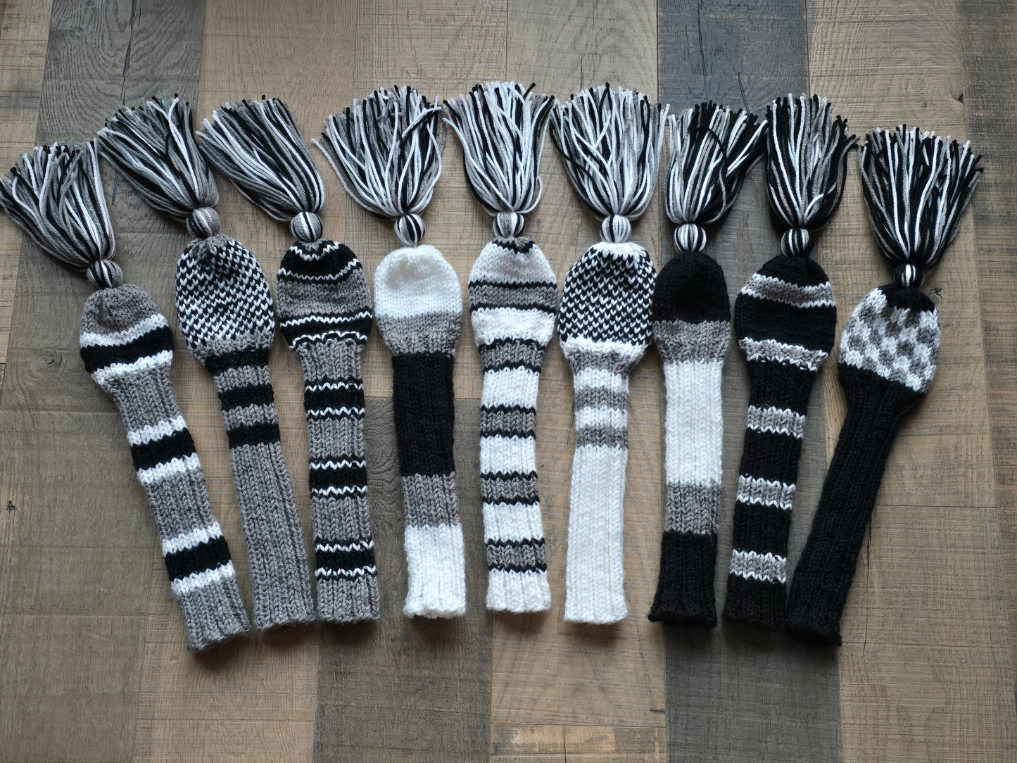 Three Sets Hand Knit Golf Club Head Covers Retro-Vintage Black, Gray and White with Tassels for Woods & Hybrid Clubs Custom for Jeff