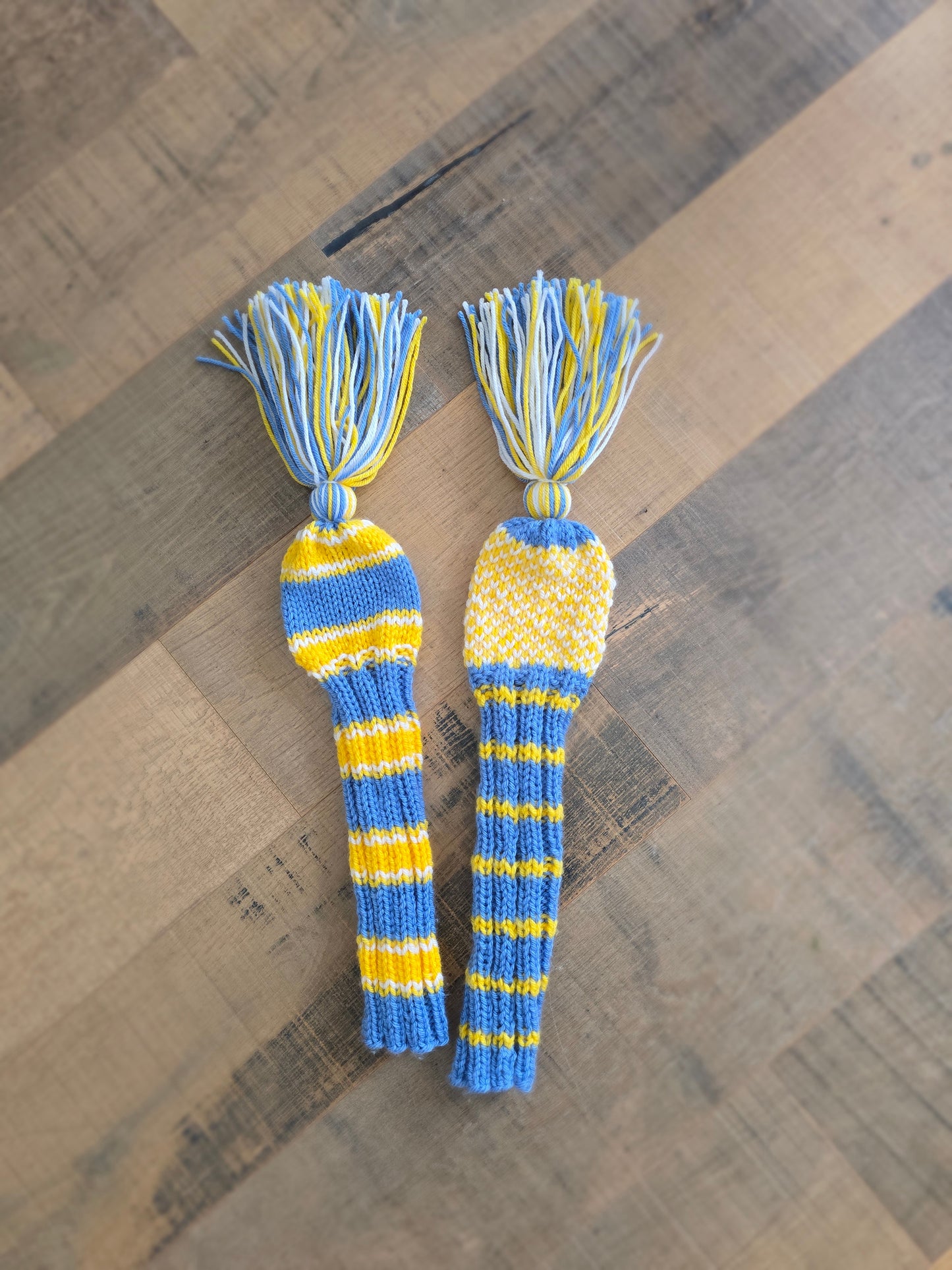 Hand Knit Golf Club Head Covers Retro-Vintage Blue, Yellow & White with Tassels for Fairway Woods