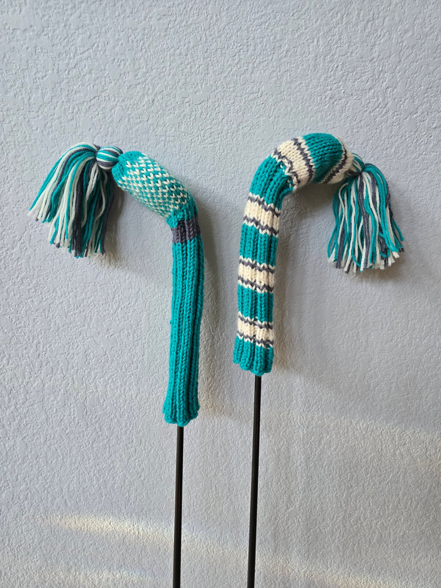 Two 100% Wool Hand Knit Golf Club Head Cover Retro-Vintage Teal, Gray & Ivory with Tassel for Fairway Woods