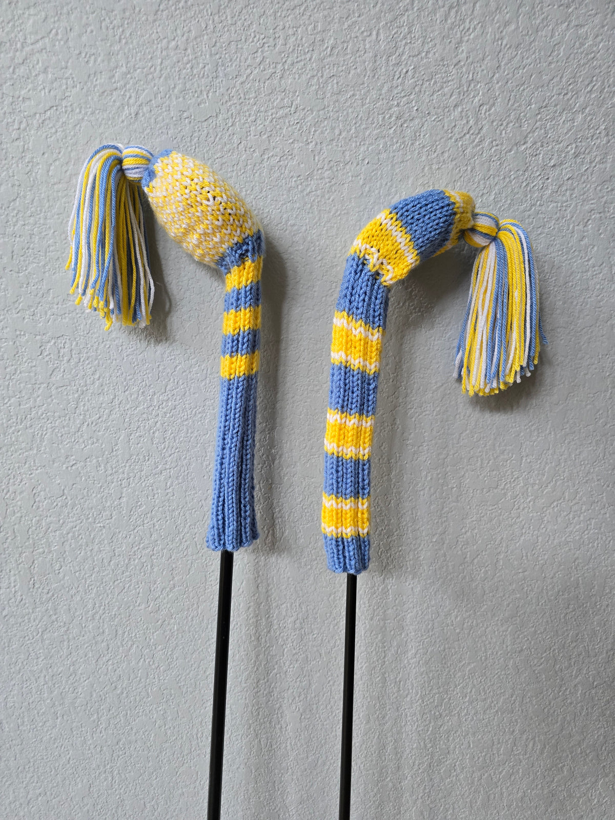Hand Knit Golf Club Head Covers Retro-Vintage Blue, Yellow & White with Tassels for Fairway Woods