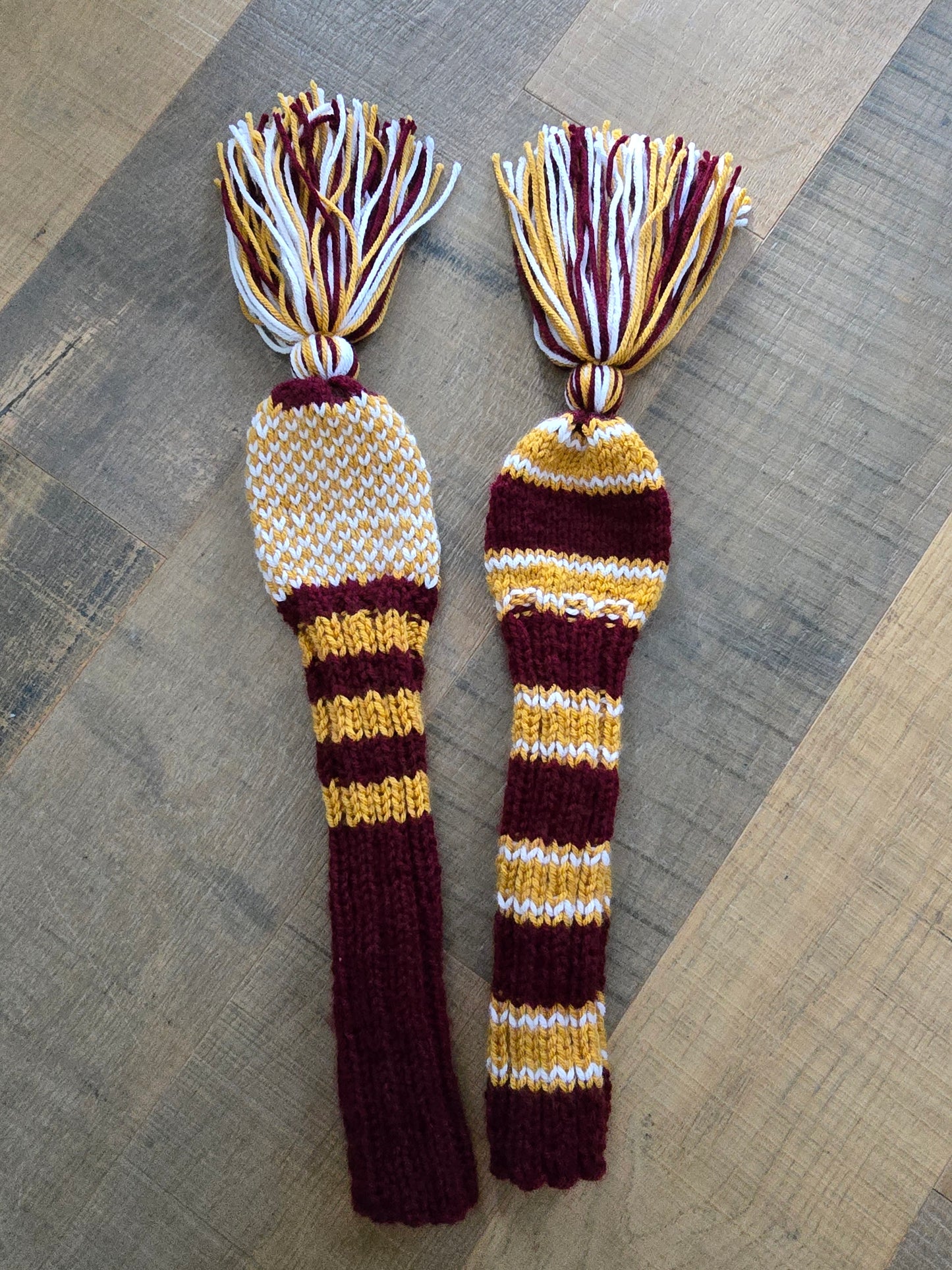 Two Golf Club Head Covers Retro-Vintage Burgundy, Gold & White with Tassels for Fairway Woods