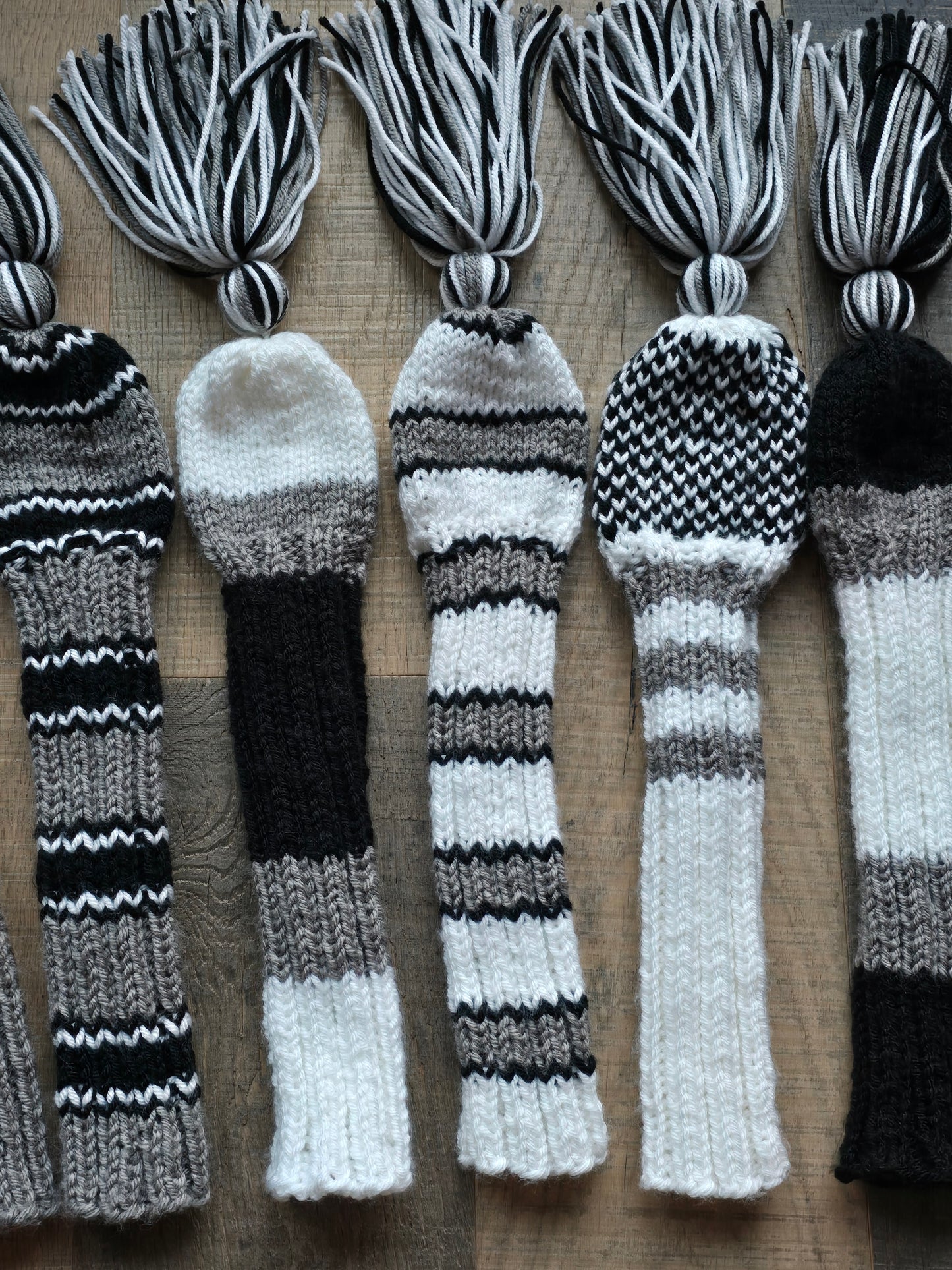 Three Sets Hand Knit Golf Club Head Covers Retro-Vintage Black, Gray and White with Tassels for Woods & Hybrid Clubs Custom for Jeff