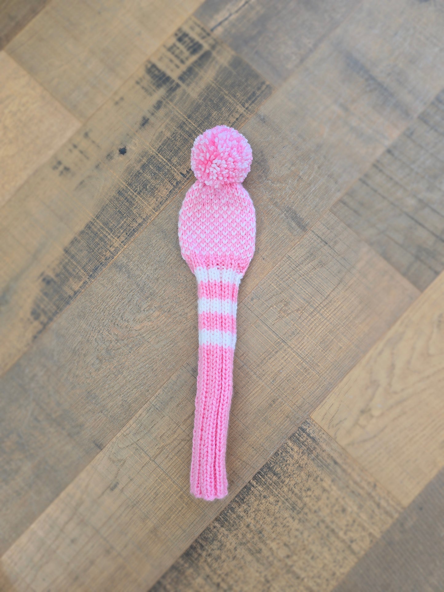 Custom Hand Knit Golf Club Head Cover Retro-Vintage Pink & White with Pom Pom for 5 Wood for Melissa