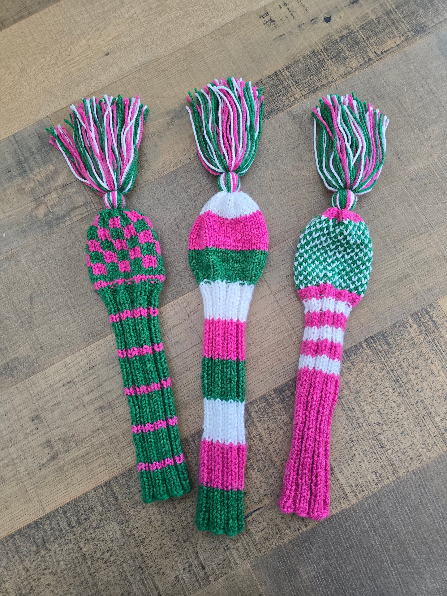 Golf Club Head Covers Retro-Vintage Pink, Green & White with Tassels for Drivers, Woods Hand Knit Golf Accessory