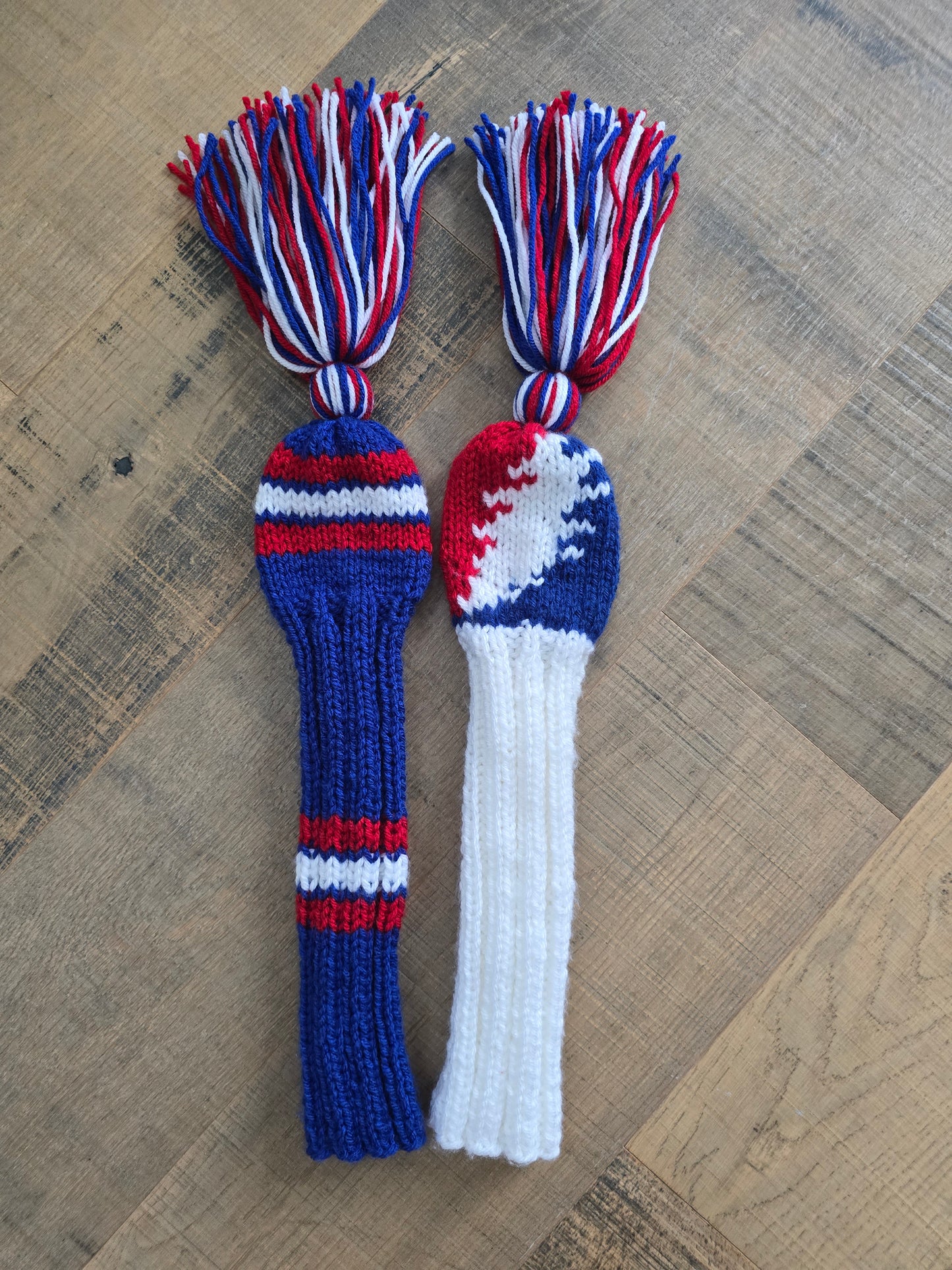 Hand Knit Golf Club Head Covers Retro-Vintage Custom Red, White and Blue Set of Two for Hybrids for Wes