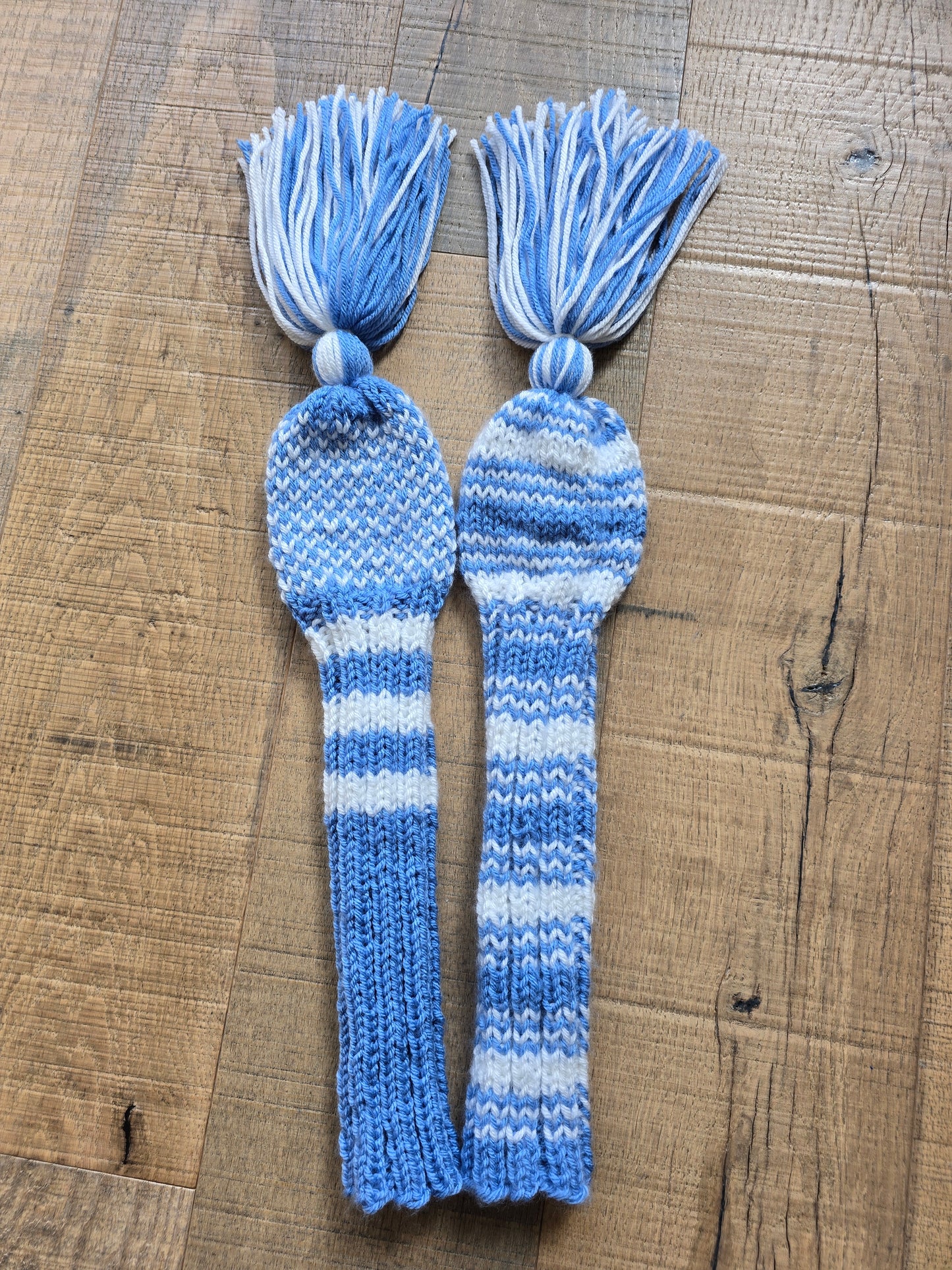 Two Hand Knit Golf Club Head Covers Retro-Vintage Blue & White with Tassels for Woods