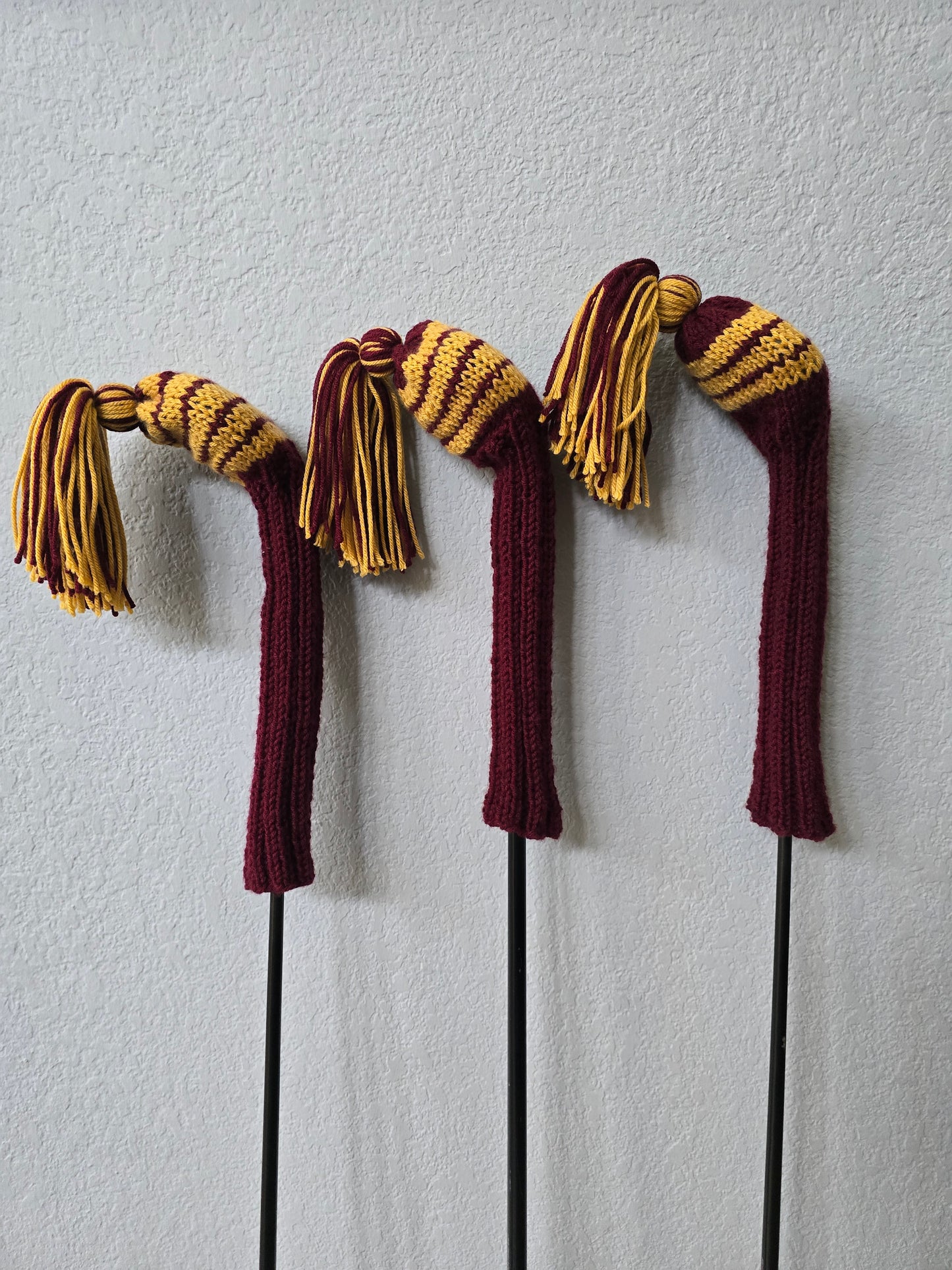 Custom Hand Knit Golf Club Head Covers Retro-Vintage Maroon & Gold with Tassels for 3,4 & 5 Fairway Woods