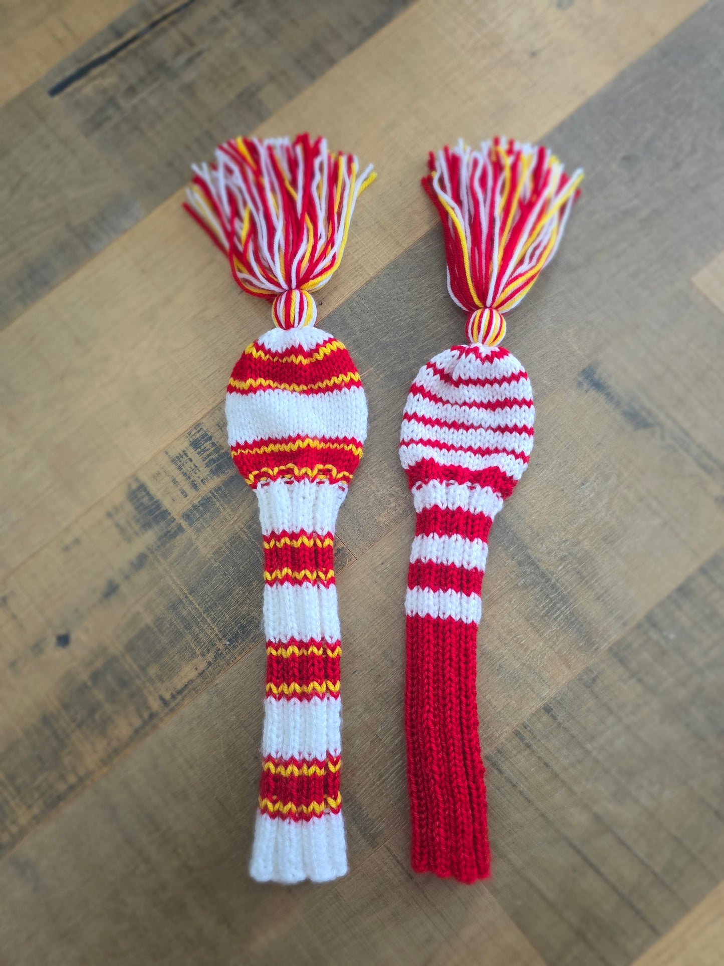 Two Golf Club Head Covers Retro-Vintage Red, Yellow & White with Tassels Driver & Fairway Wood Covers Custom for Kawika