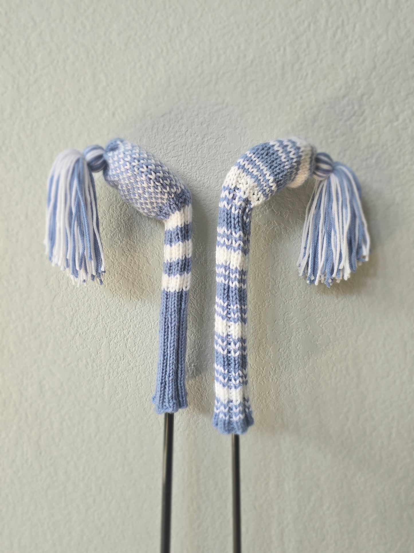 Two Hand Knit Golf Club Head Covers Retro-Vintage Dusty Blue & White with Tassels for Woods