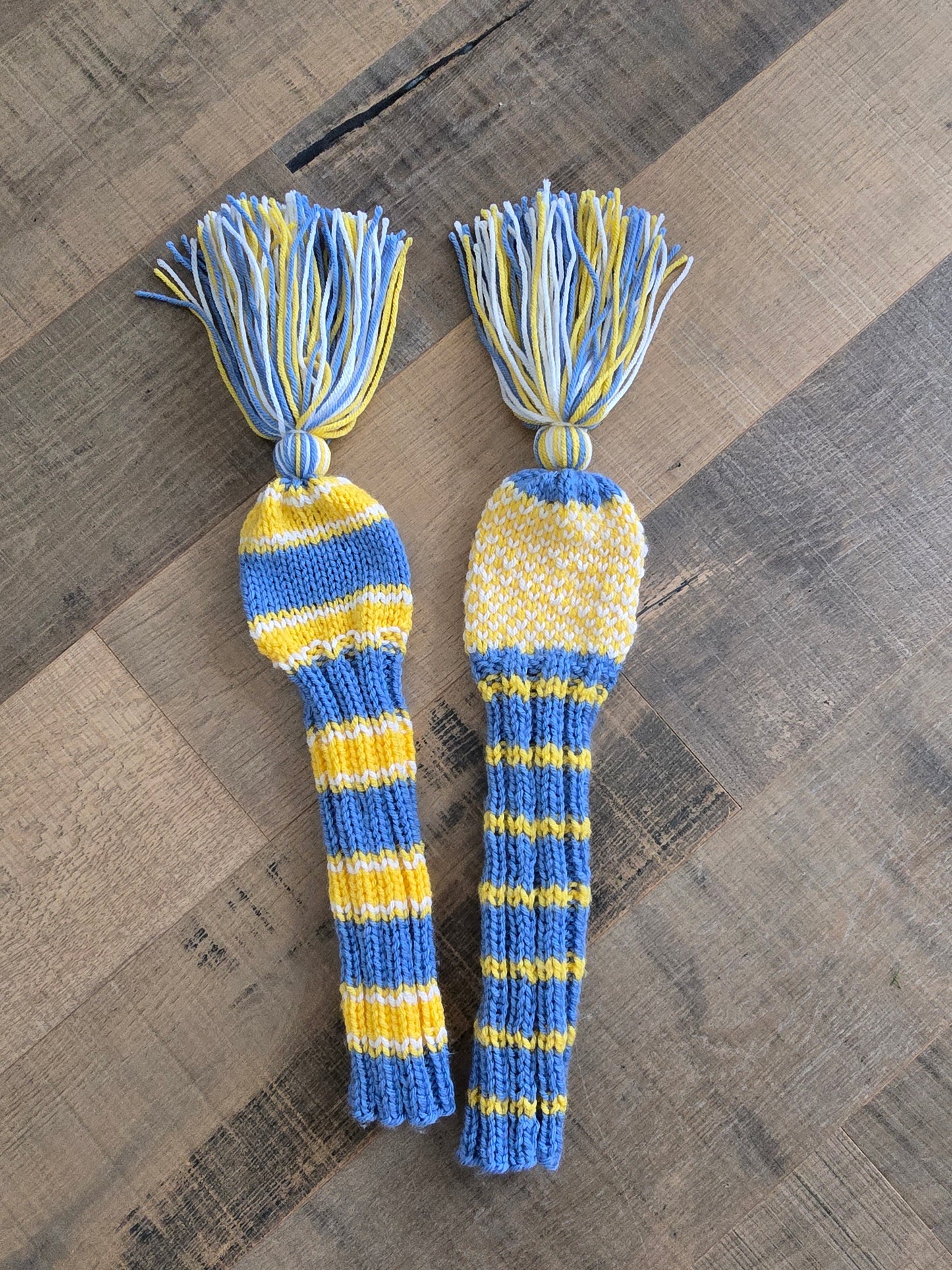 Hand Knit Golf Club Head Covers Retro-Vintage Blue, Yellow & White with Tassels for Fairway Woods