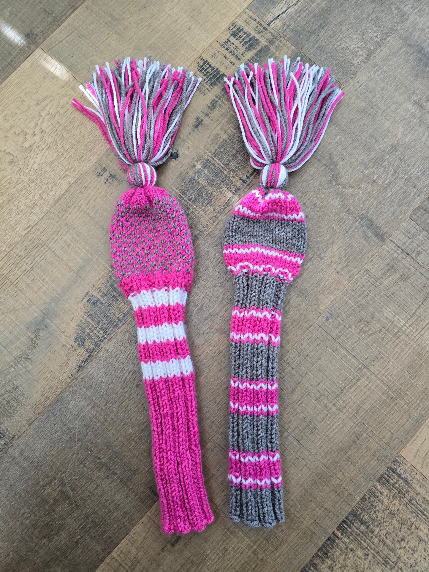 Two Golf Club Head Covers Retro-Vintage Pink, Gray & White with Tassels for Fairway Wood & Driver