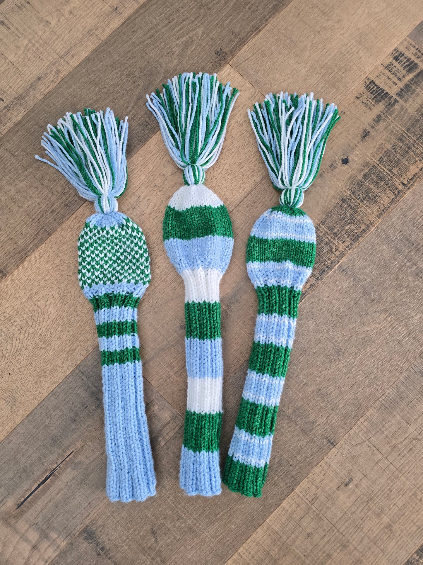 Three Golf Club Head Covers Retro-Vintage Blue, Green & White with Tassels for Drivers, Woods