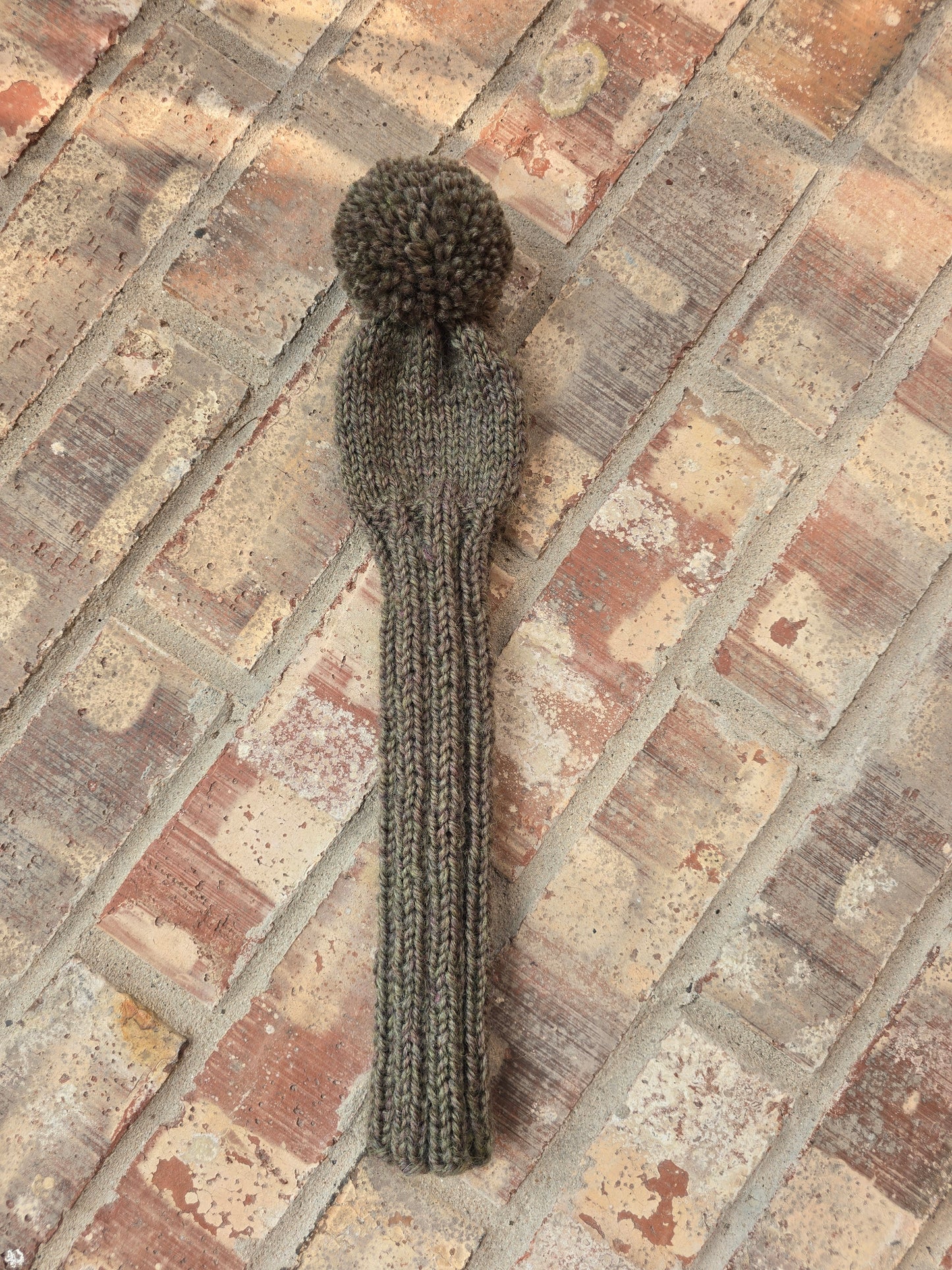 100% Wool Hand Knit Hybrid Golf Club Head Cover Retro-Vintage Olive with Pom Pom Custom for Steve