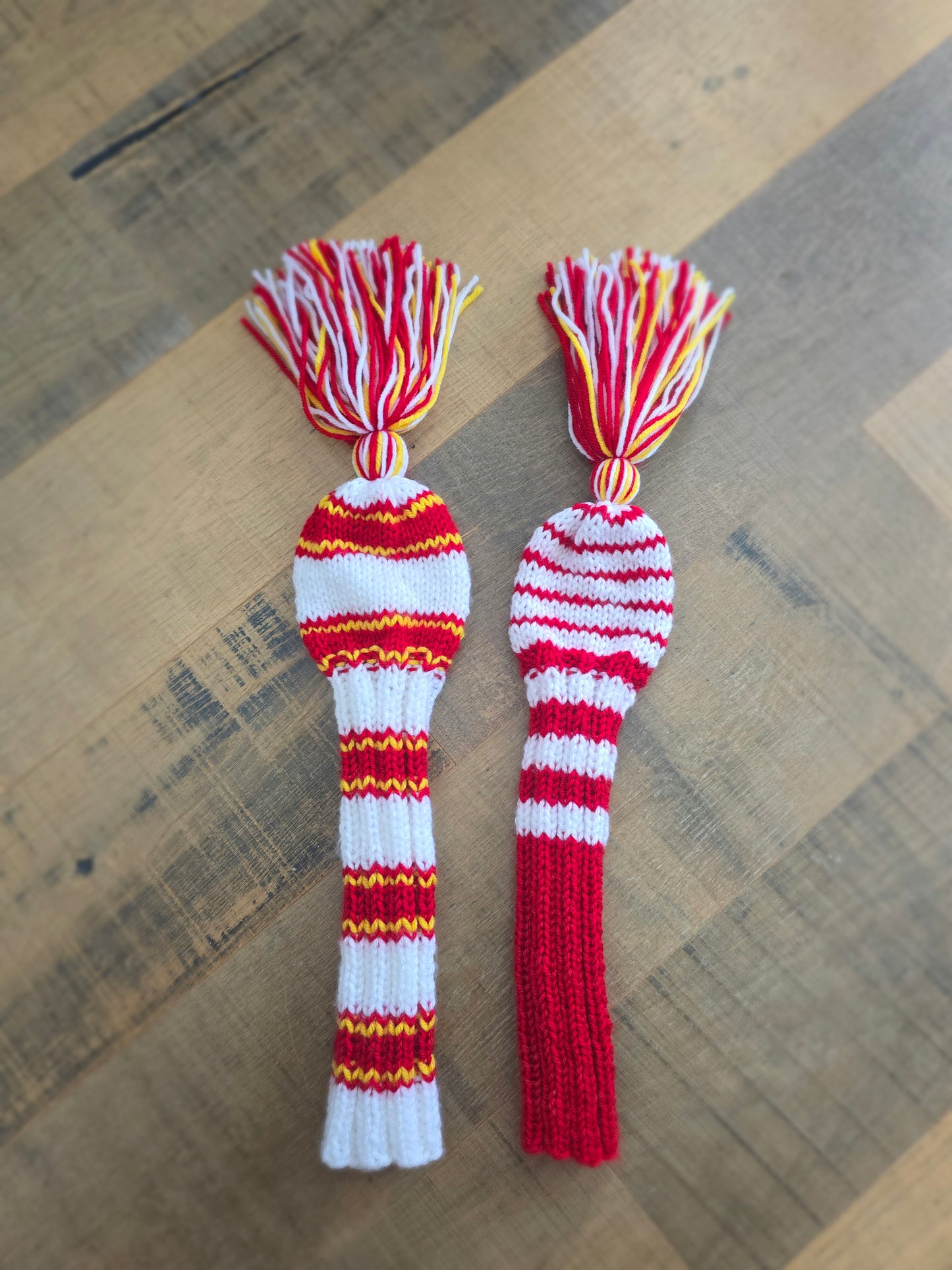 Two Golf Club Head Covers Retro-Vintage Red, Yellow & White with Tassels Driver & Fairway Wood Covers Custom for Kawika