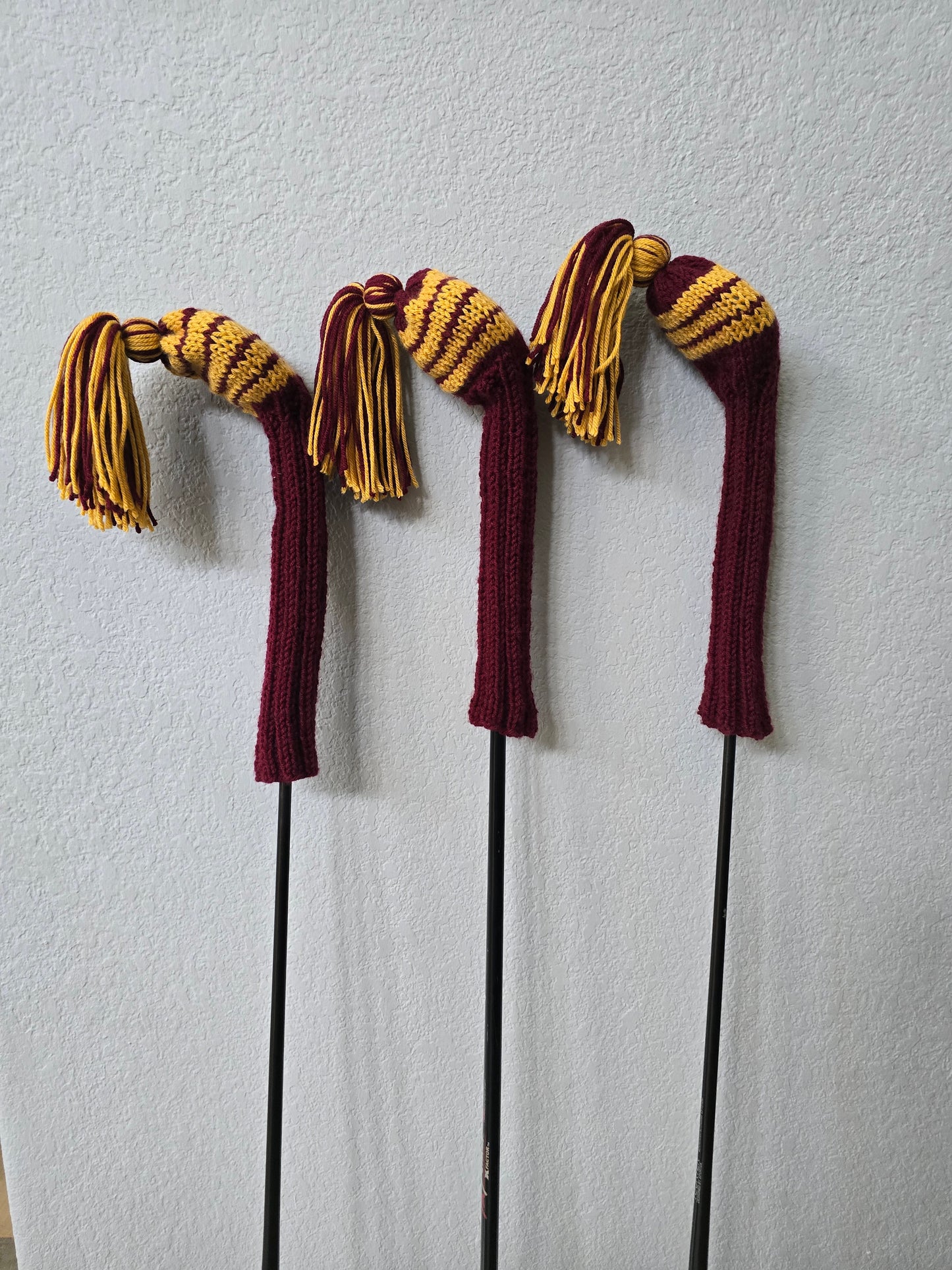 Custom Hand Knit Golf Club Head Covers Retro-Vintage Maroon & Gold with Tassels for 3,4 & 5 Fairway Woods