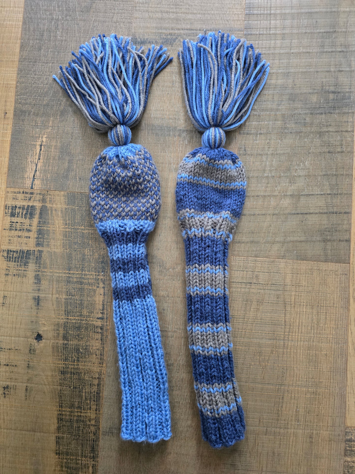 Hand Knit Golf Club Head Covers Retro-Vintage Black, Blue & Gray with Tassels for Fairway Woods