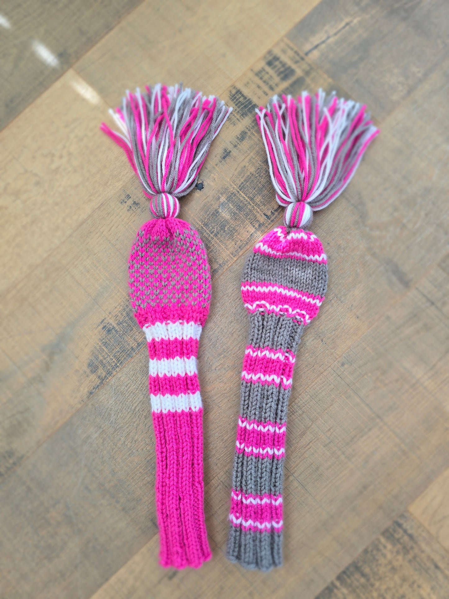 Two Golf Club Head Covers Retro-Vintage Pink, Gray & White with Tassels for Fairway Wood & Driver