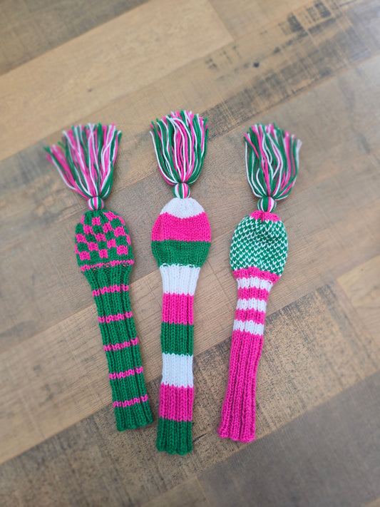 Golf Club Head Covers Retro-Vintage Pink, Green & White with Tassels for Drivers, Woods Hand Knit Golf Accessory