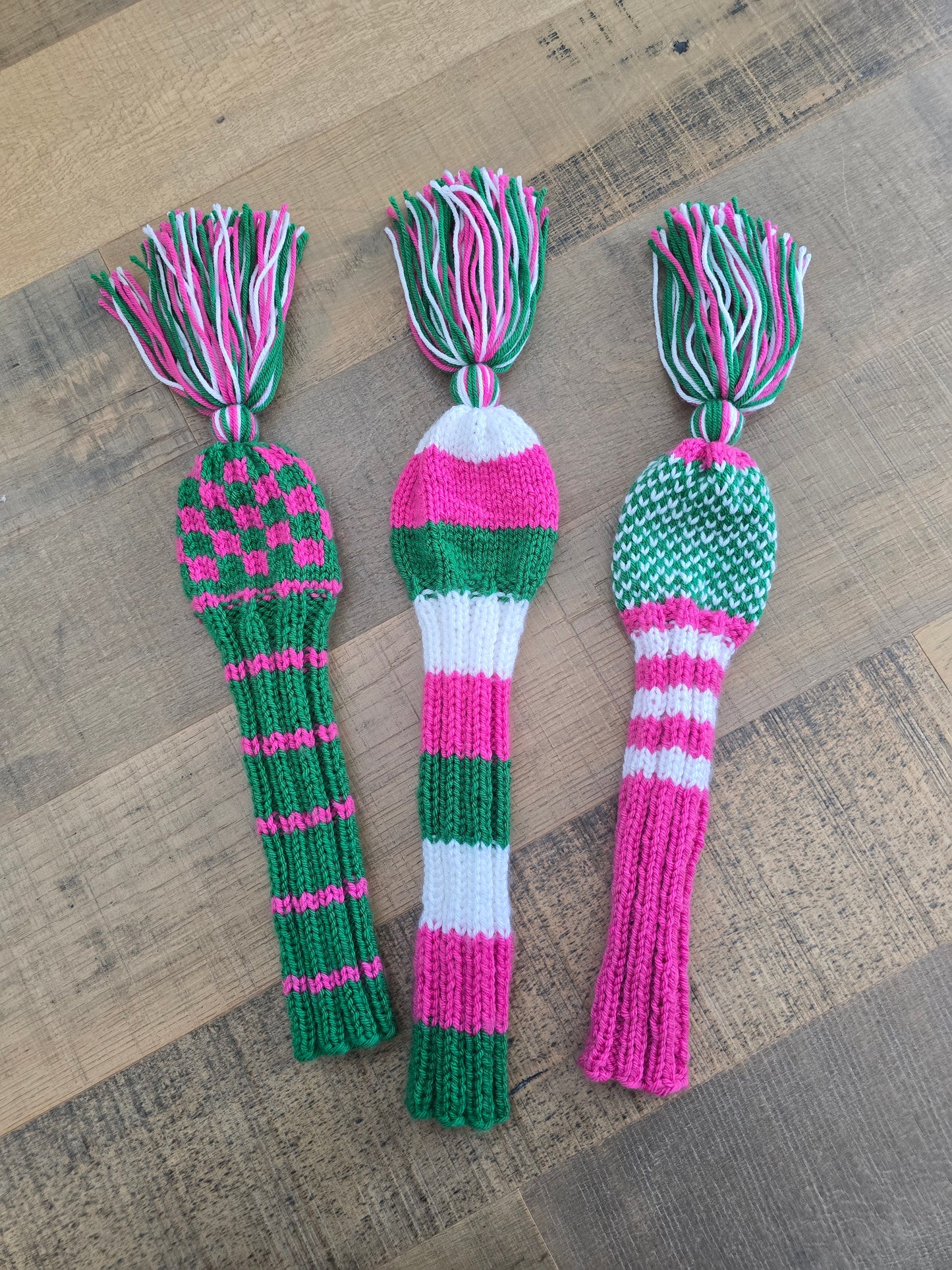 Golf Club Head Covers Retro-Vintage Pink, Green & White with Tassels for Drivers, Woods Hand Knit Golf Accessory