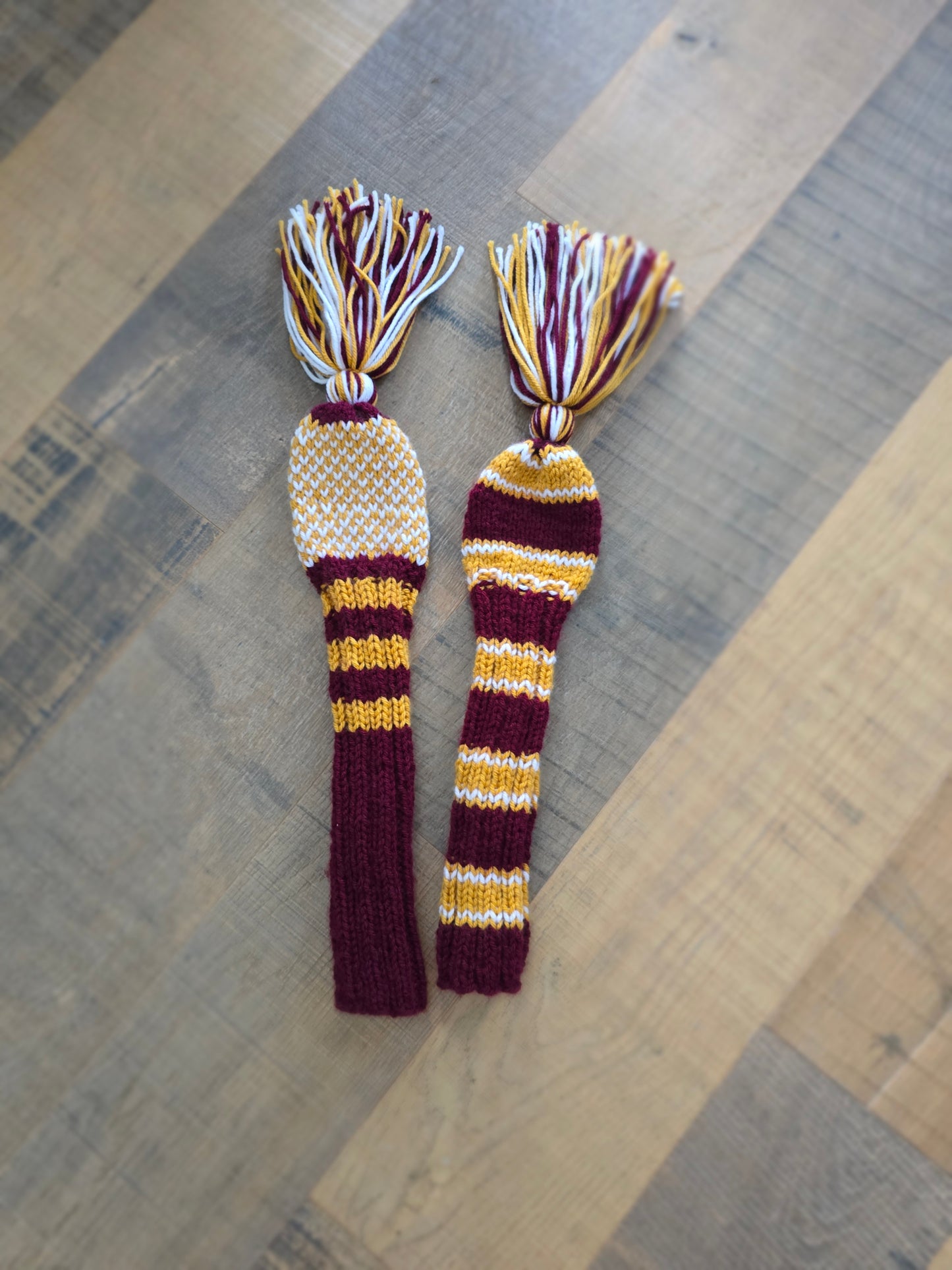 Two Golf Club Head Covers Retro-Vintage Burgundy, Gold & White with Tassels for Fairway Woods