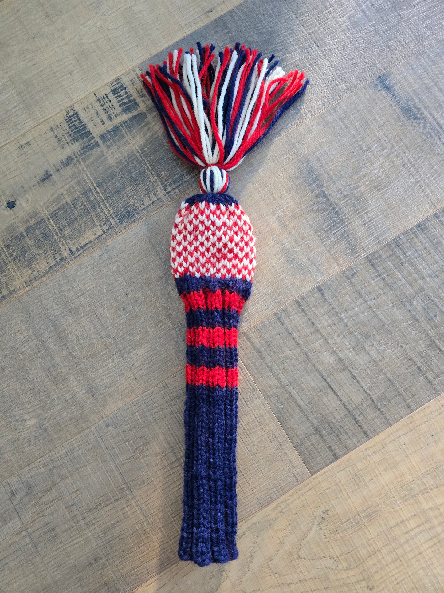 100% Wool Hand Knit Hybrid Golf Club Head Cover Retro-Vintage Blue, Red, & Ivory with Tassel for Ben