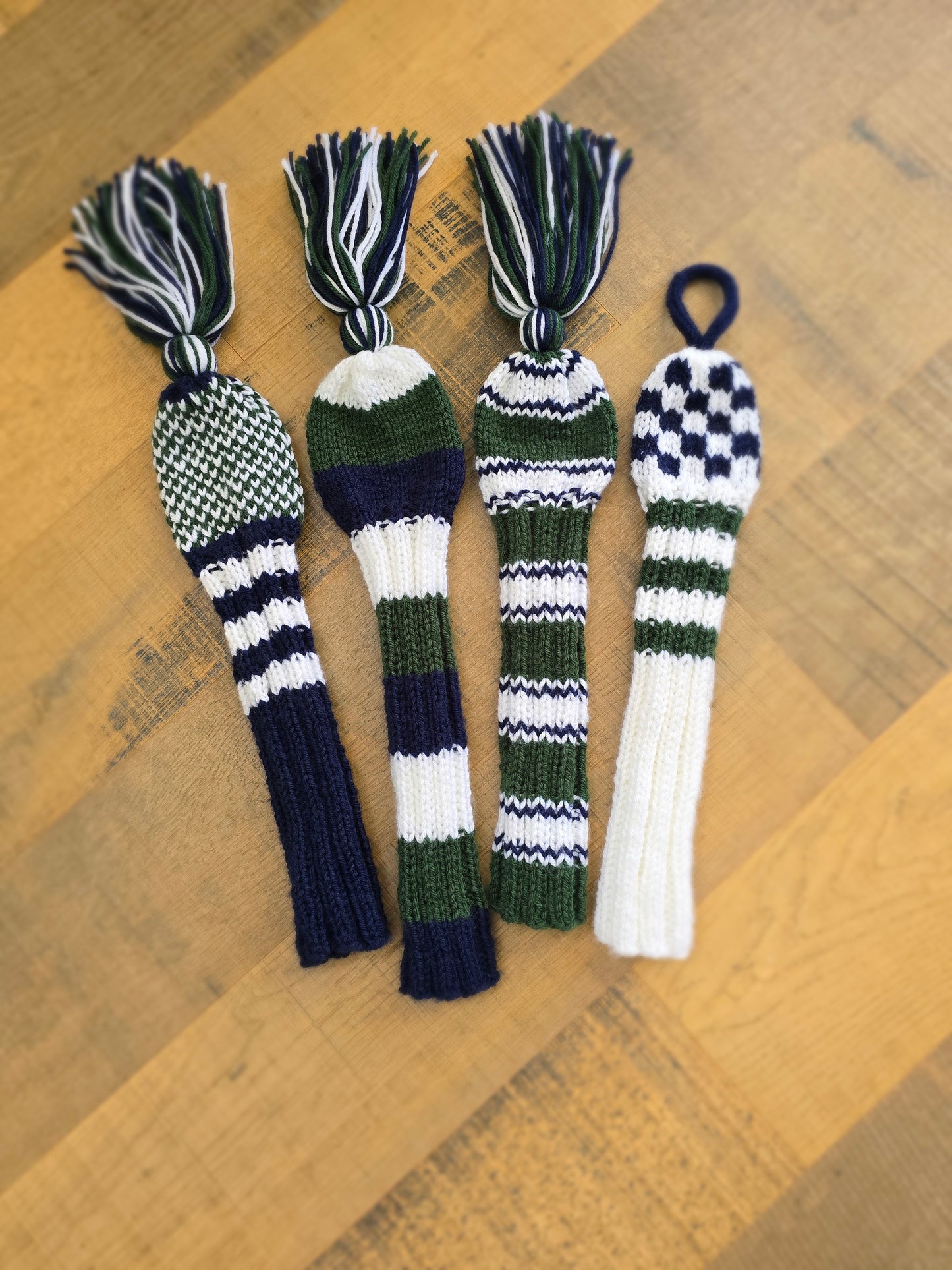 Custom Hand Knit Golf Club Head Covers Retro-Vintage Blue, Green & White with Tassels for Driver, Fairway Woods & Hybrid