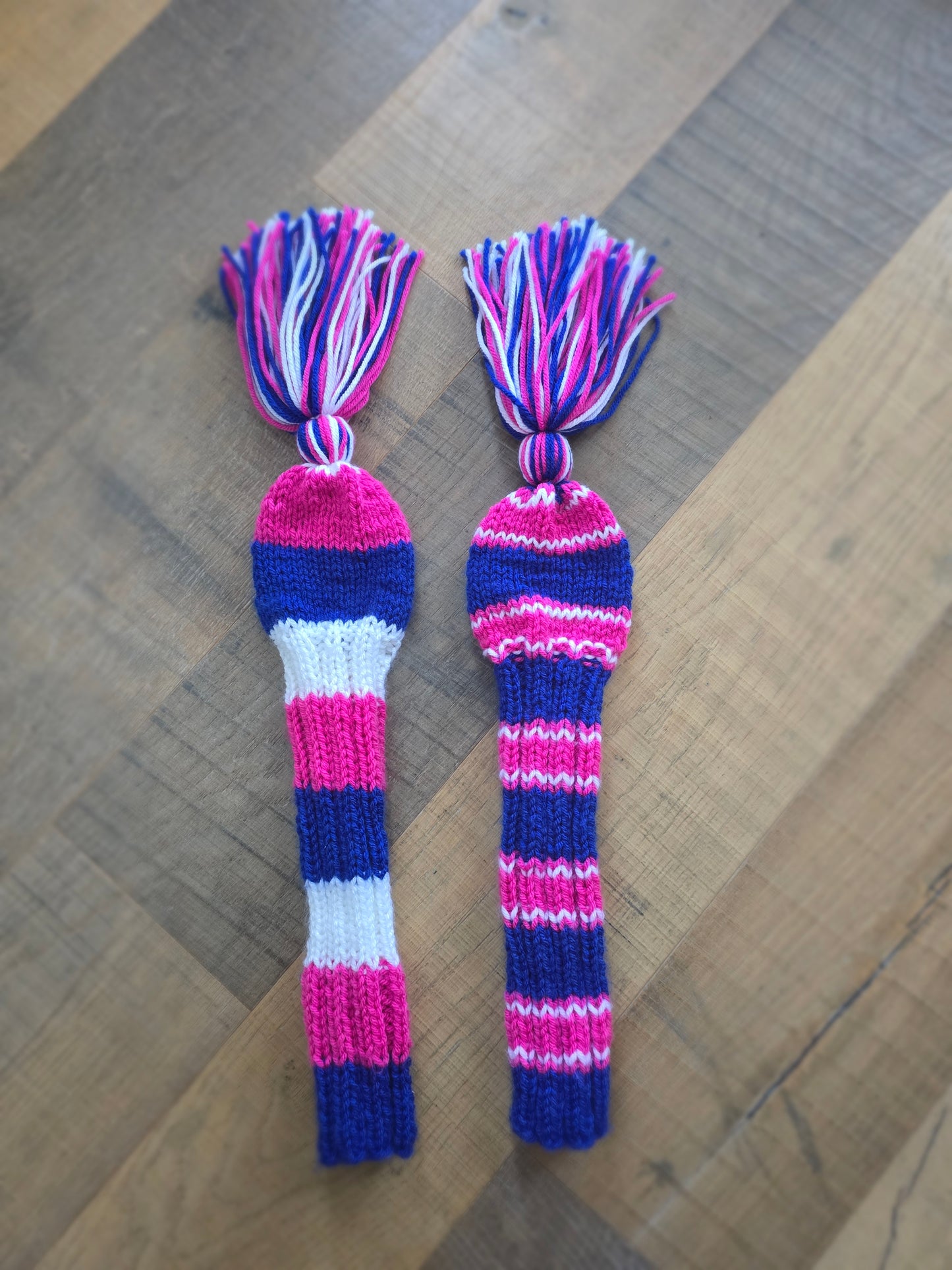 Two Golf Club Head Covers Retro-Vintage Pink, Blue & White with Tassels for Fairway Woods