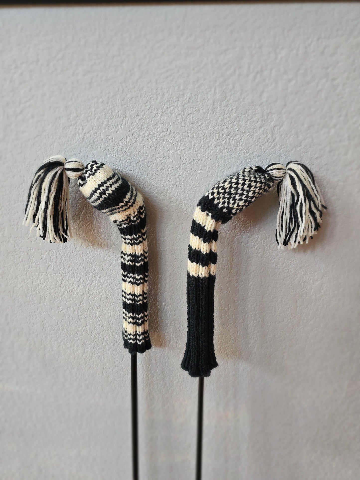 Two 100% Wool Hand Knit Golf Club Head Cover Retro-Vintage Dark Gray & Ivory with Tassel for Fairway Woods