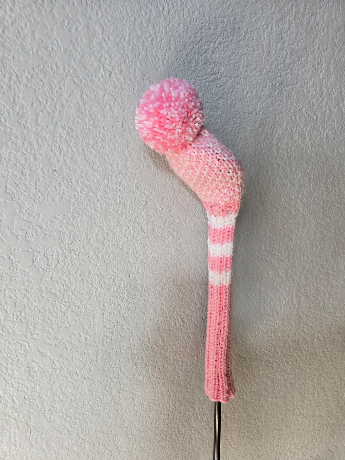 Custom Hand Knit Golf Club Head Cover Retro-Vintage Pink & White with Pom Pom for 5 Wood for Melissa