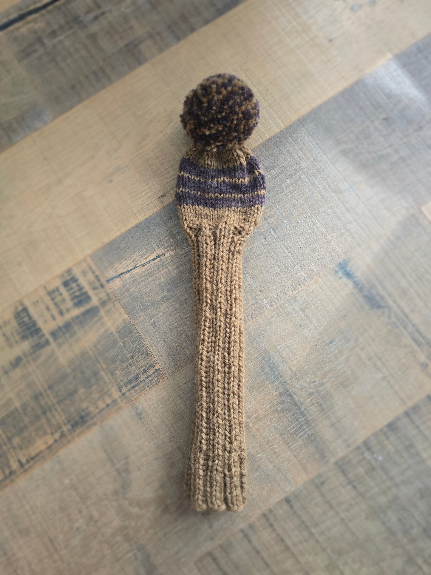 100% Wool Hand Knit Hybrid Golf Club Head Cover Retro-Vintage Brown &Tan with Pom Pom