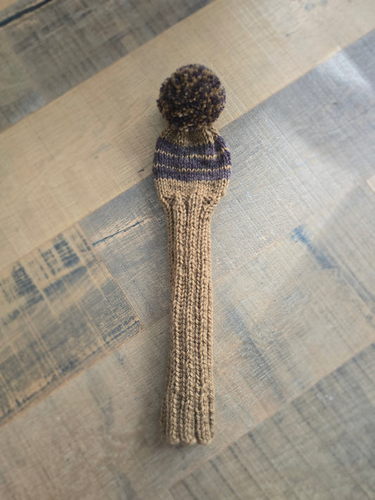 100% Wool Hand Knit Hybrid Golf Club Head Cover Retro-Vintage Brown &Tan with Pom Pom