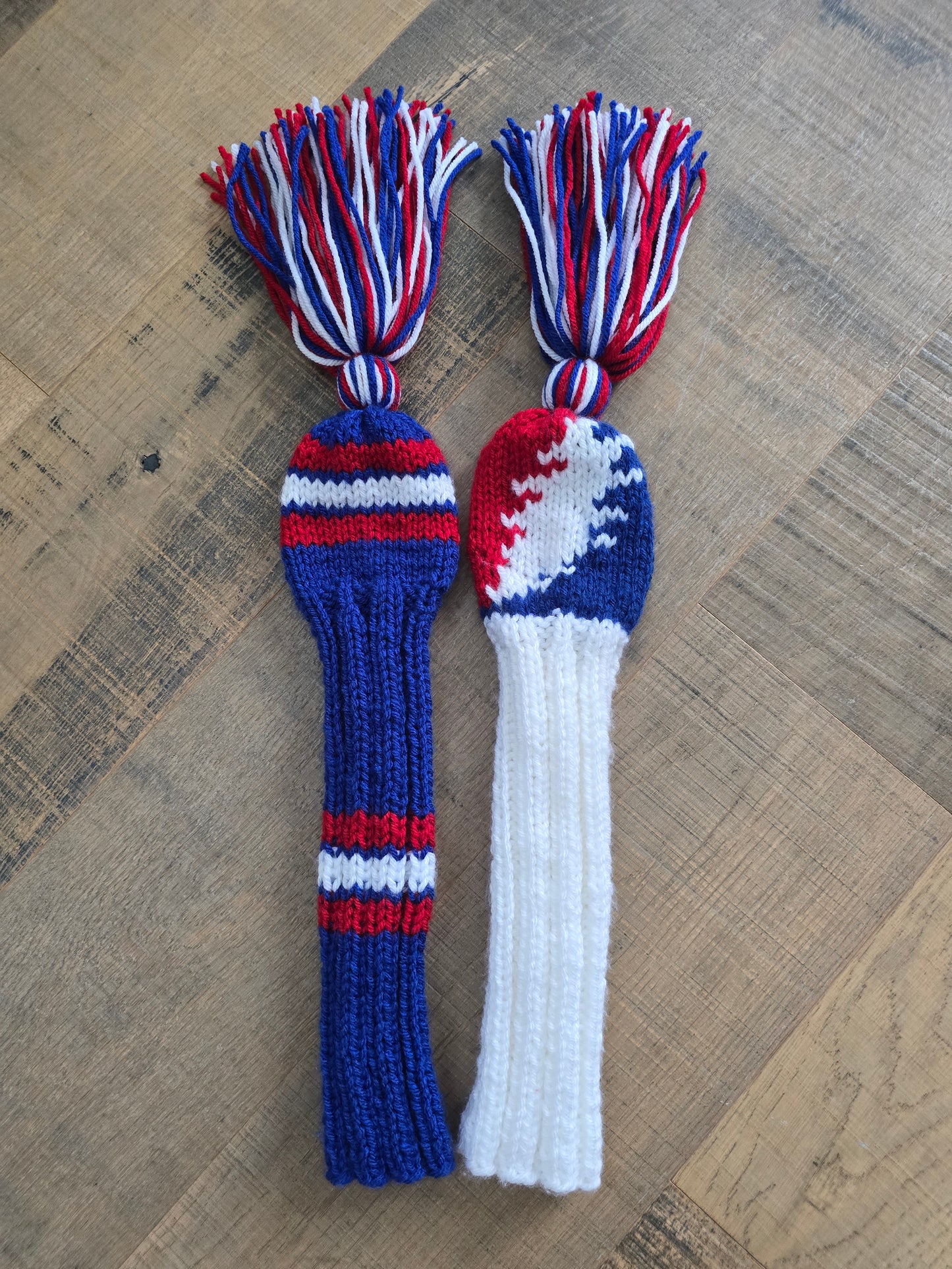 Hand Knit Golf Club Head Covers Retro-Vintage Custom Red, White and Blue Set of Two for Hybrids for Wes