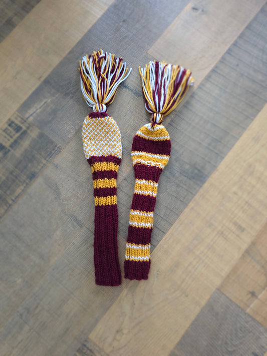 Two Golf Club Head Covers Retro-Vintage Burgundy, Gold & White with Tassels for Fairway Woods