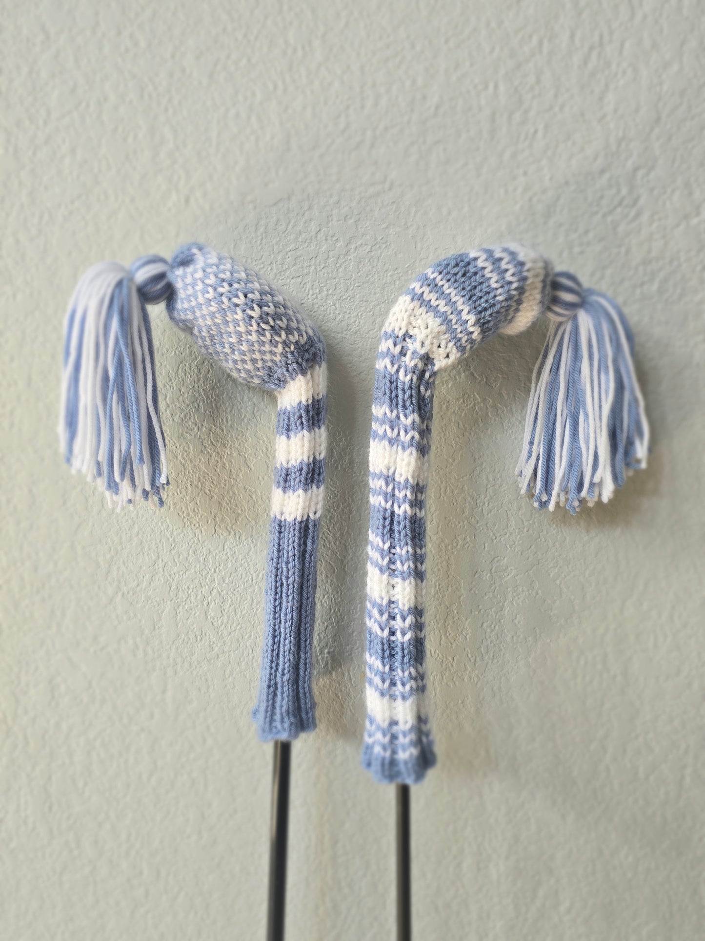 Two Hand Knit Golf Club Head Covers Retro-Vintage Dusty Blue & White with Tassels for Woods