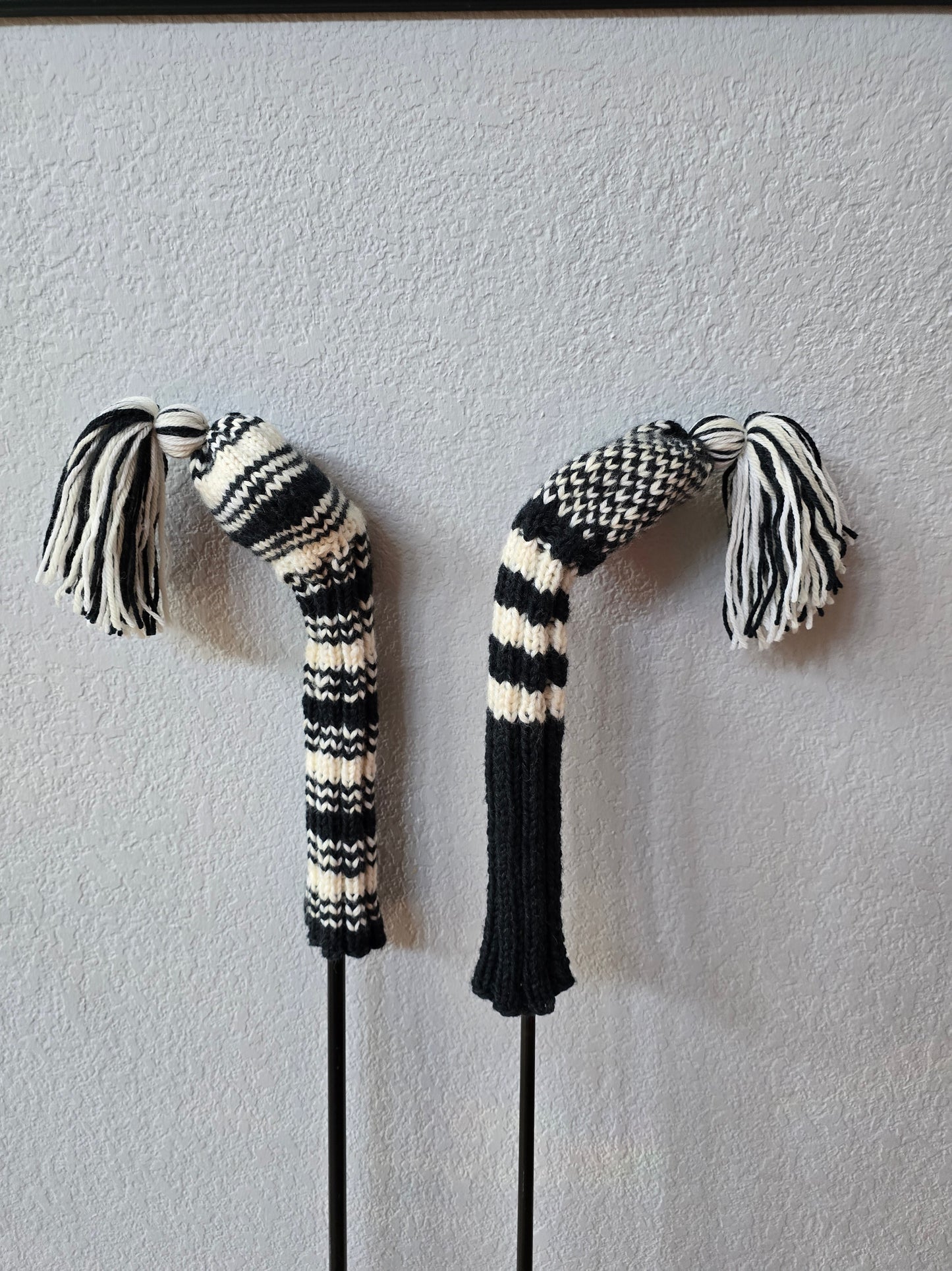 Two 100% Wool Hand Knit Golf Club Head Cover Retro-Vintage Dark Gray & Ivory with Tassel for Fairway Woods