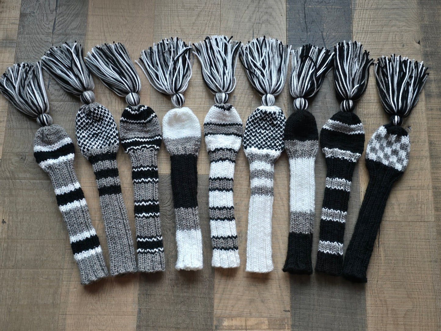 Three Sets Hand Knit Golf Club Head Covers Retro-Vintage Black, Gray and White with Tassels for Woods & Hybrid Clubs Custom for Jeff