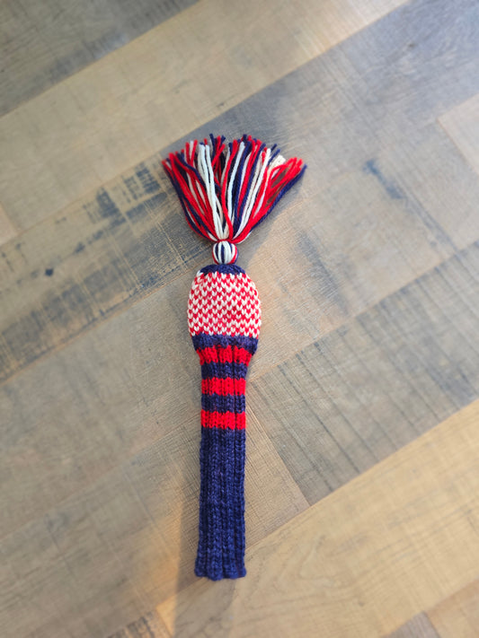 100% Wool Hand Knit Hybrid Golf Club Head Cover Retro-Vintage Blue, Red, & Ivory with Tassel for Ben